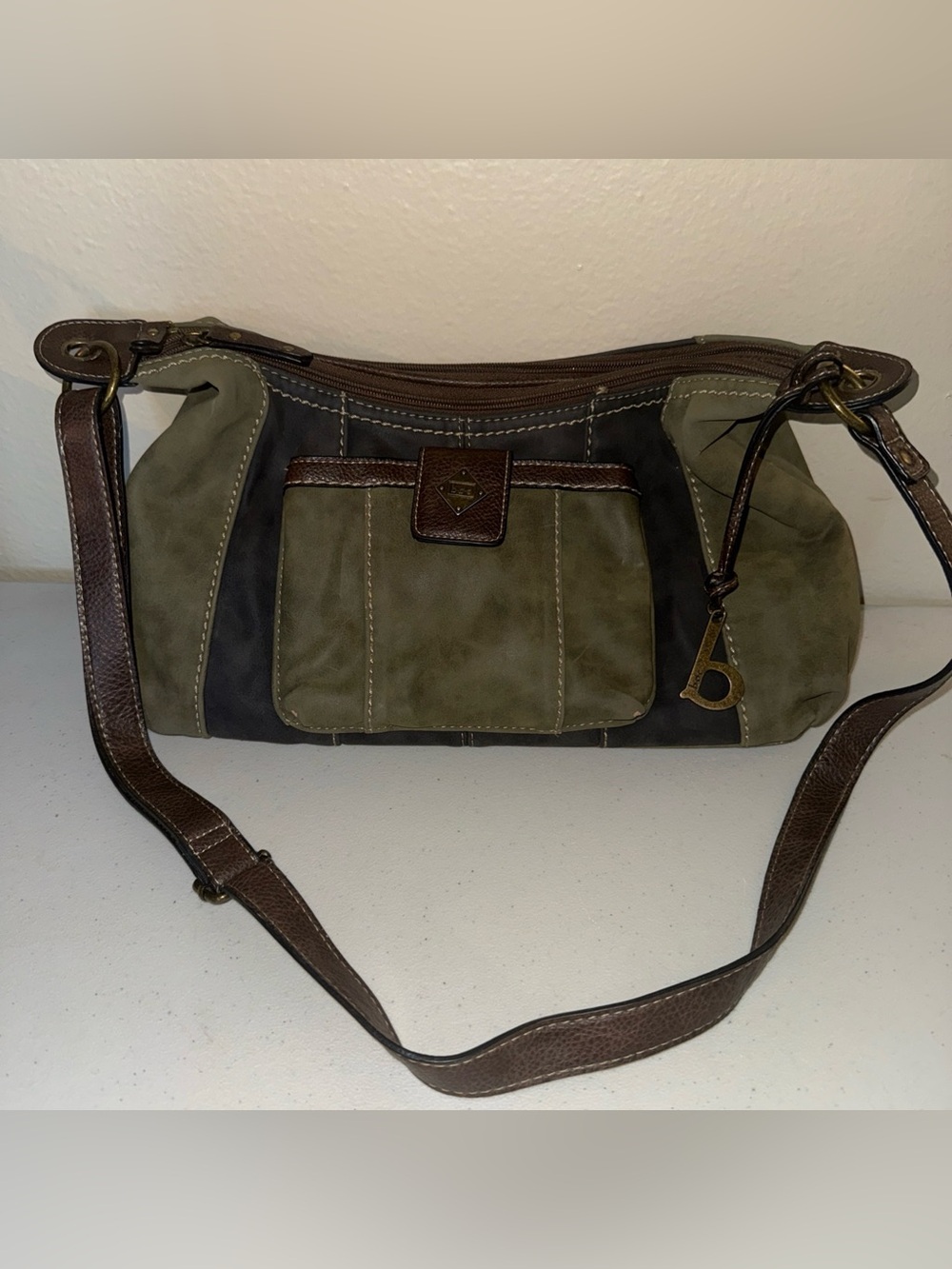 boc Olive and Dark Brown Suede Messenger Bag